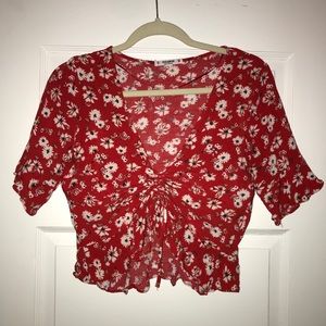 Red Floral Pull&Bear Cinch Top